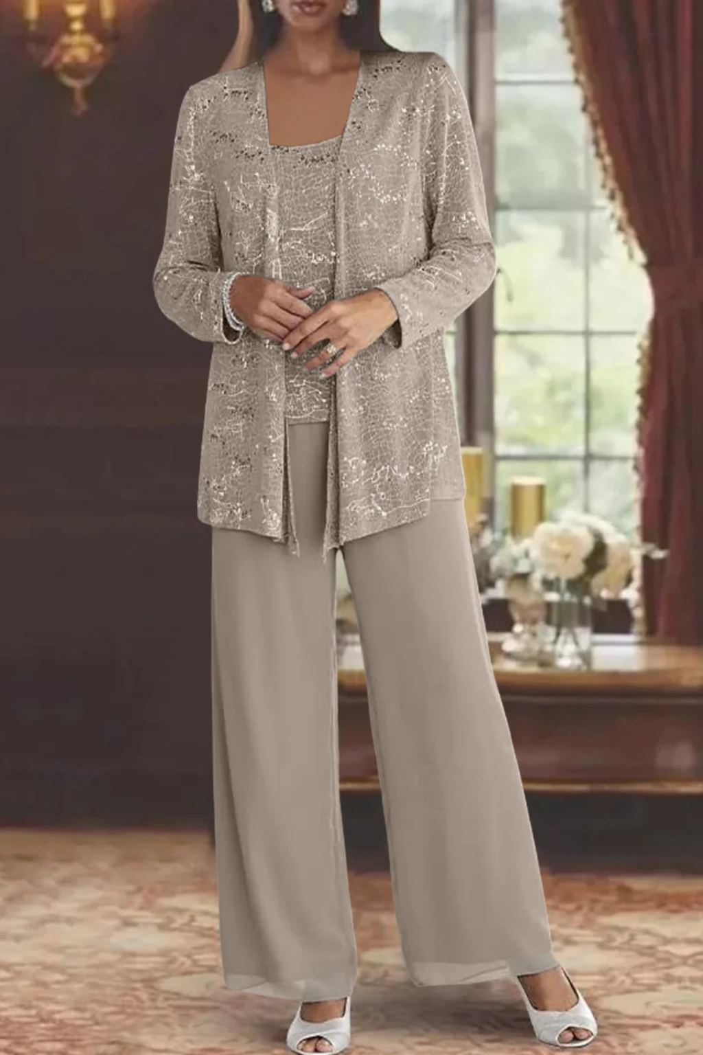 Women's Sequin Lace Three Piece Trouser Suit Wide Leg - photo 10