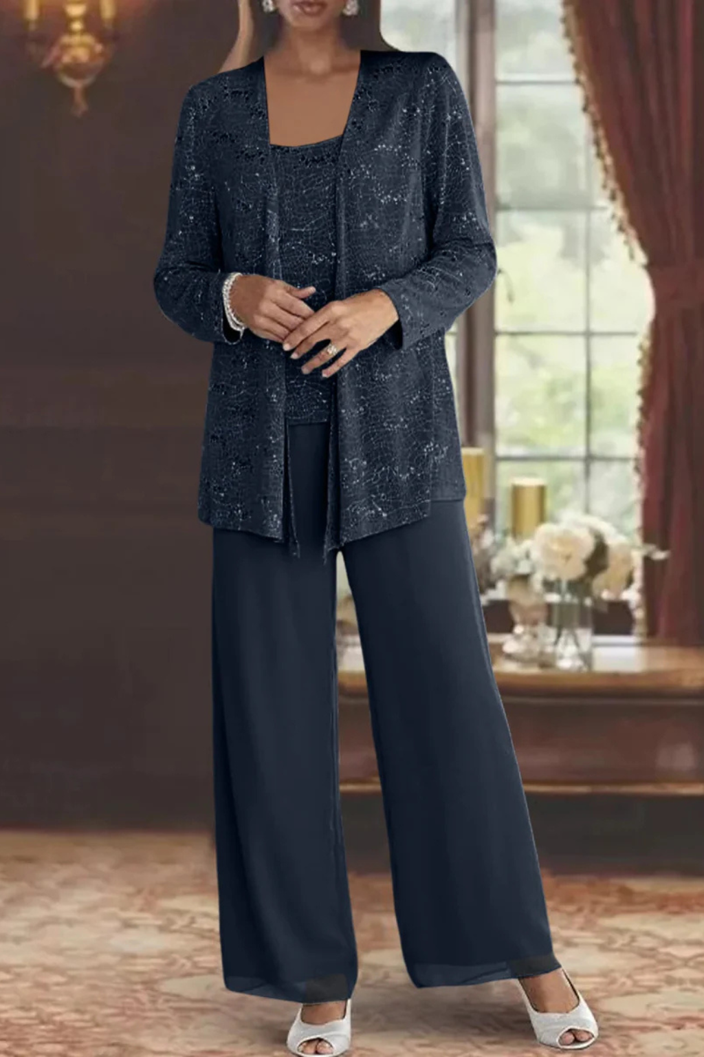 Women's Sequin Lace Three Piece Trouser Suit Wide Leg - photo 8