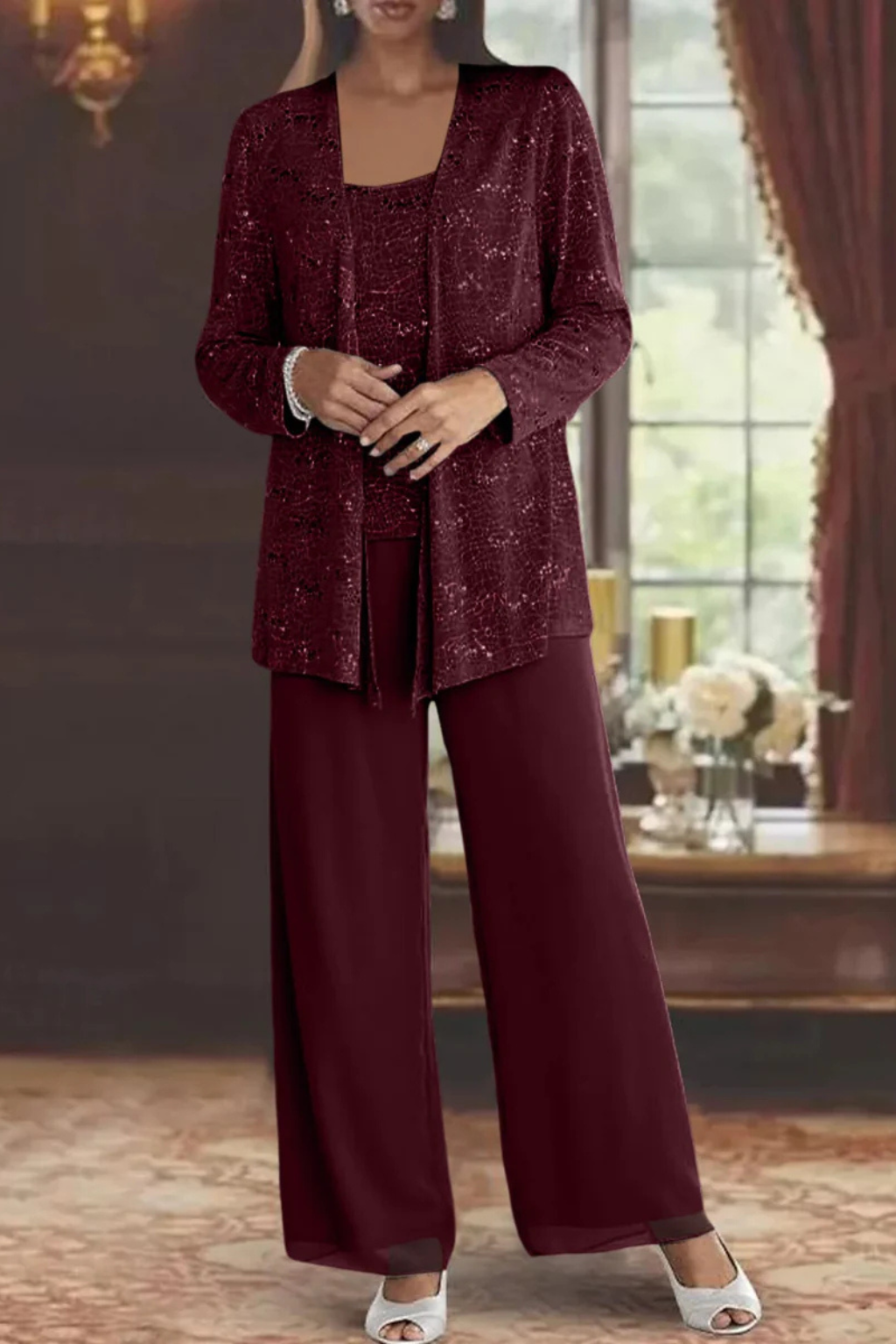 Women's Sequin Lace Three Piece Trouser Suit Wide Leg - photo 12