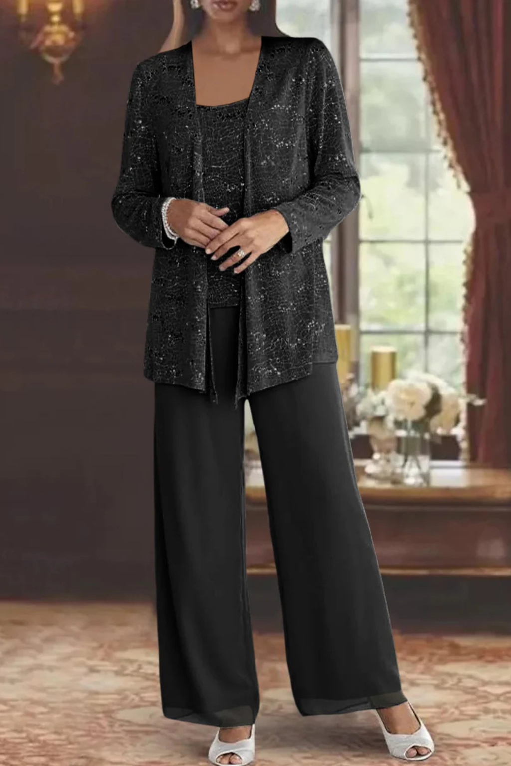 Women's Sequin Lace Three Piece Trouser Suit Wide Leg - photo 6