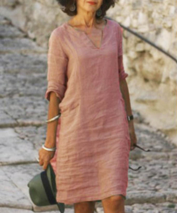 Women's Relaxed Fit Casual V-Neck Linen-Style Midi Dress for Summer - photo 7