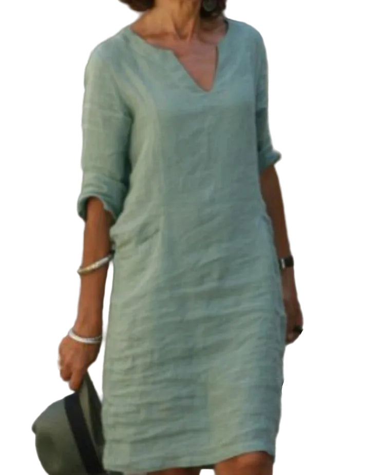 Women's Relaxed Fit Casual V-Neck Linen-Style Midi Dress for Summer - photo 1