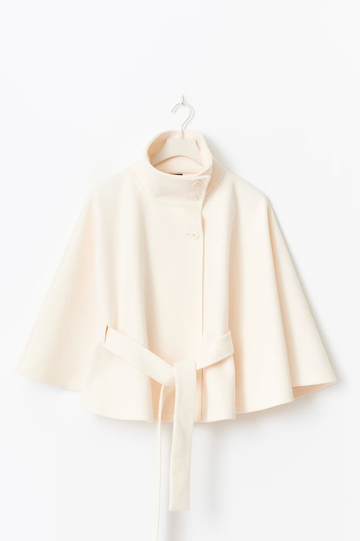 Women's Belted Wool Cape Coat with High Collar - Beige
