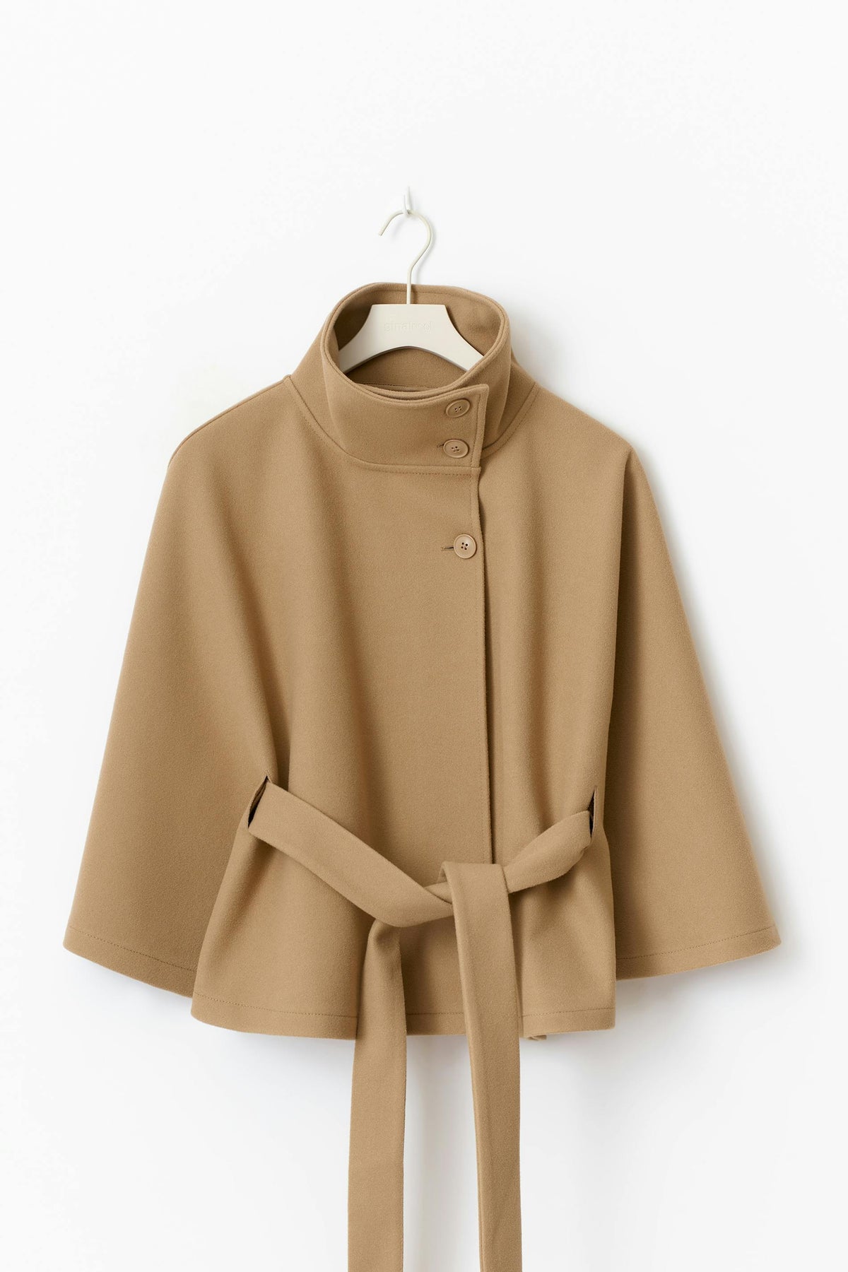 Women's Belted Wool Cape Coat with High Collar - Light Brown