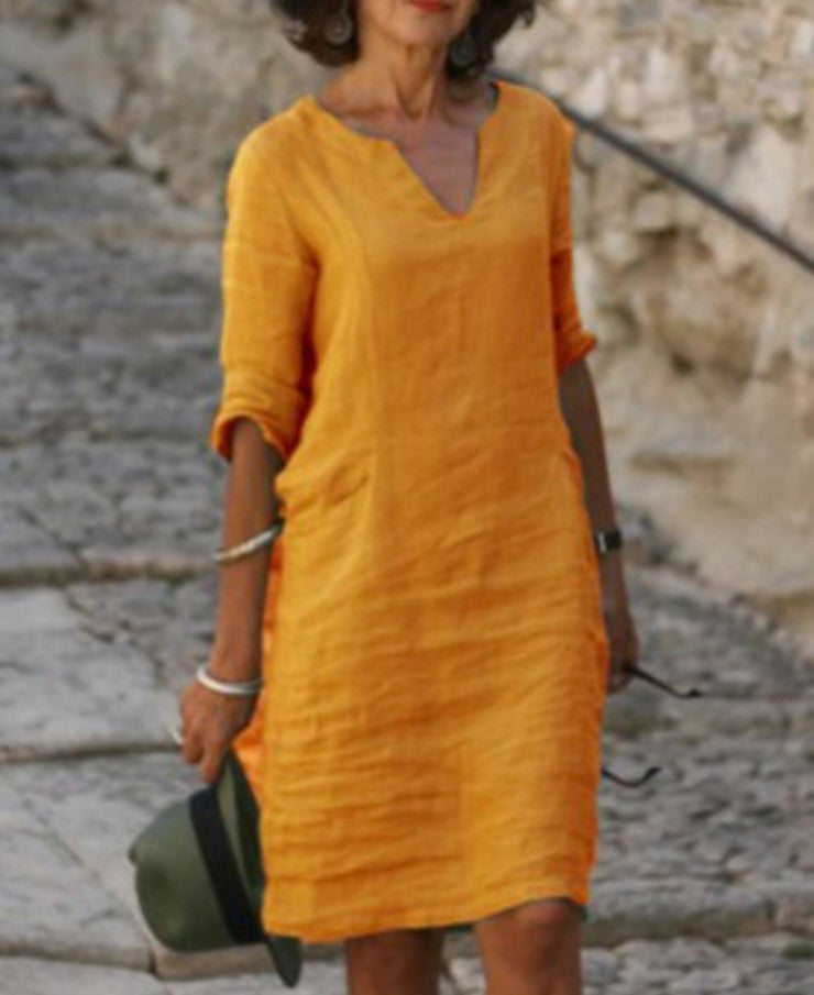 Women's Relaxed Fit Casual V-Neck Linen-Style Midi Dress for Summer - photo 8