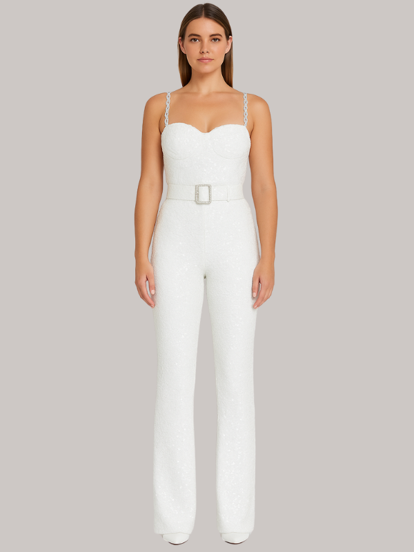 Elizabeth - Women’s Strapless Glitter Jumpsuit with Waist Belt - photo 3