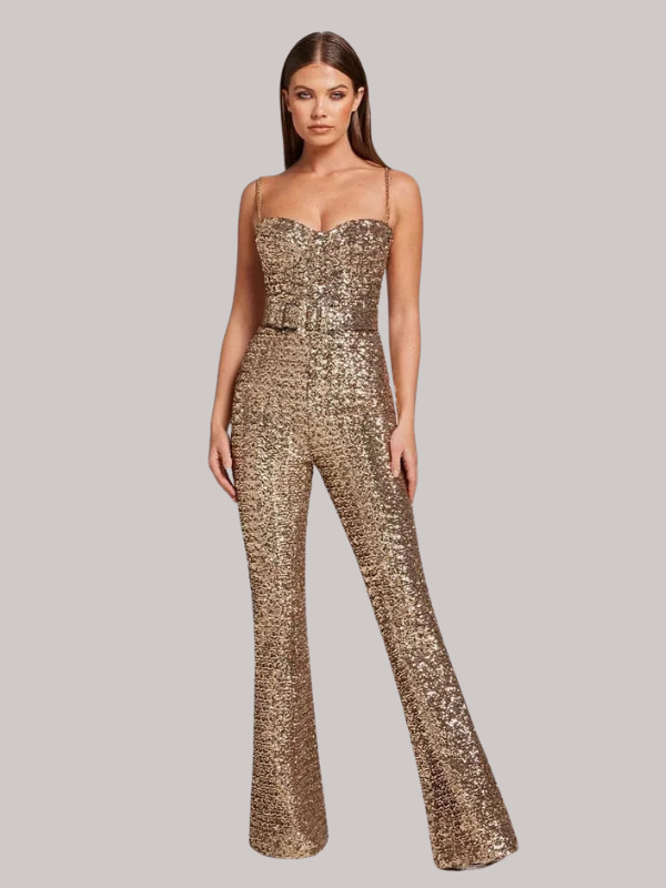 Elizabeth - Women’s Strapless Glitter Jumpsuit with Waist Belt - photo 9