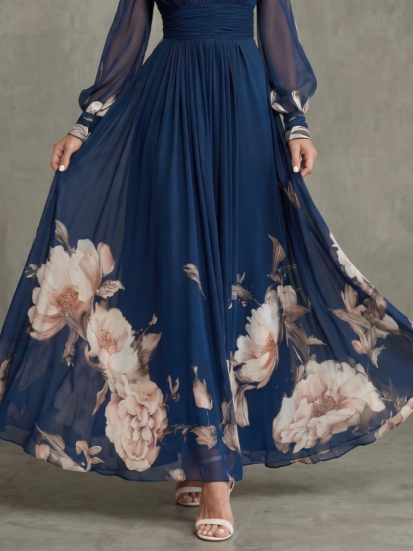 Antoinette - Women's Pleated Maxi Dress with Sheer Sleeves - photo 3