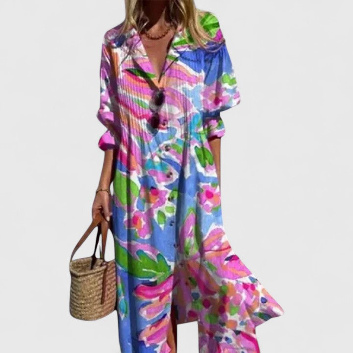 Women's Leaf Print Maxi Shirt Dress with Button Front - photo 3
