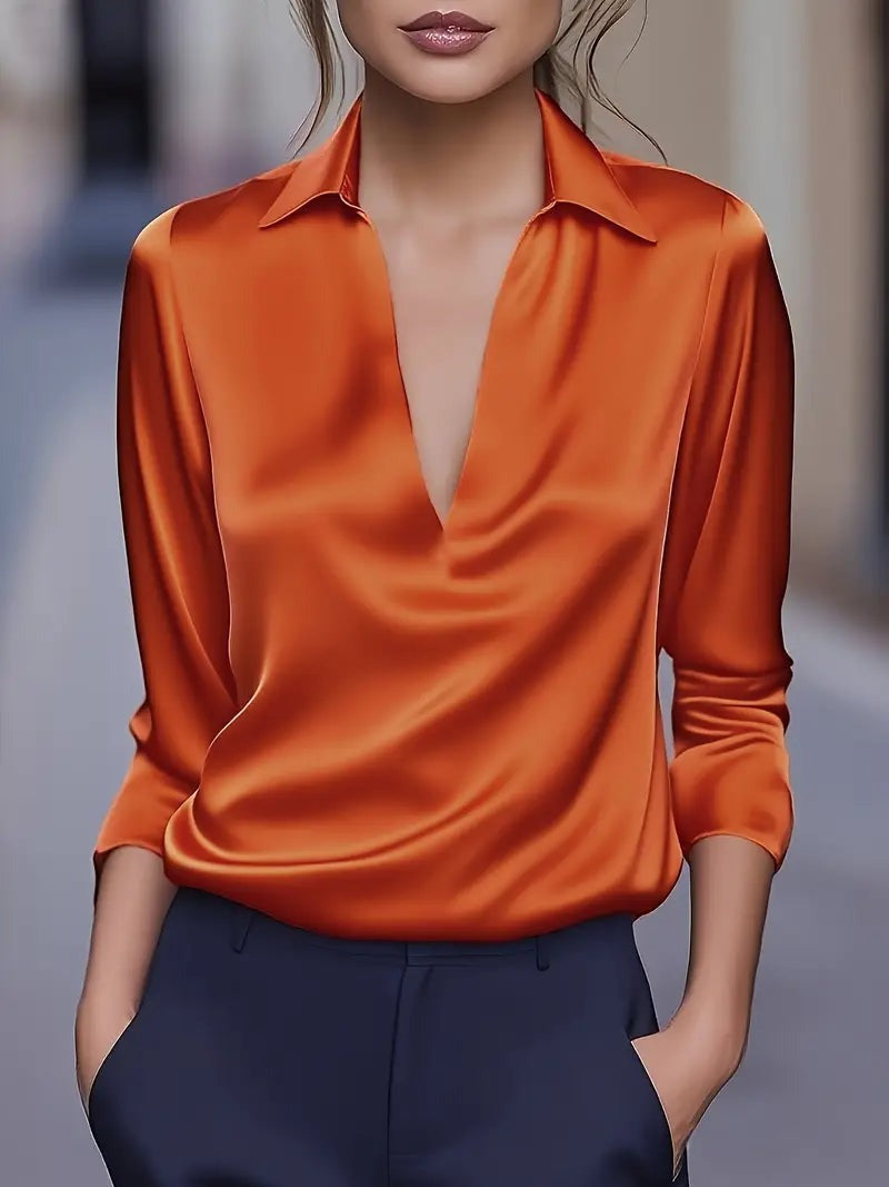 Women's V Neck Blouse with Satin Finish and Flowing Drape - photo 4