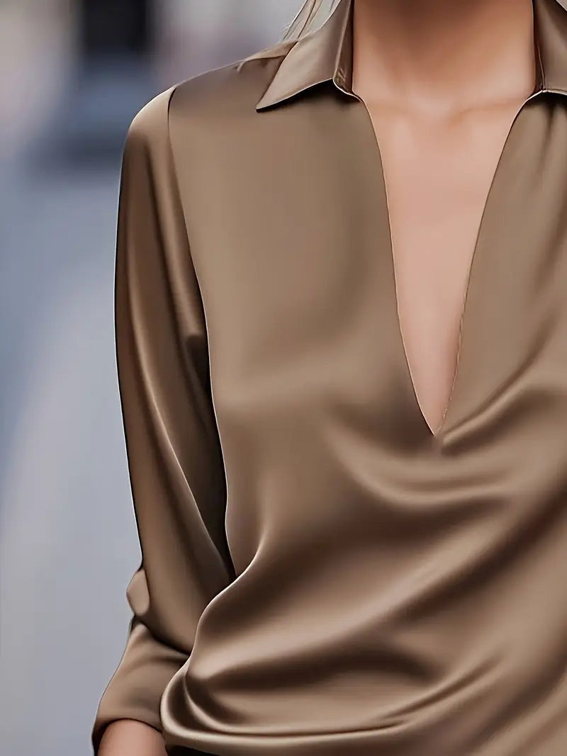 Women's V Neck Blouse with Satin Finish and Flowing Drape - photo 27