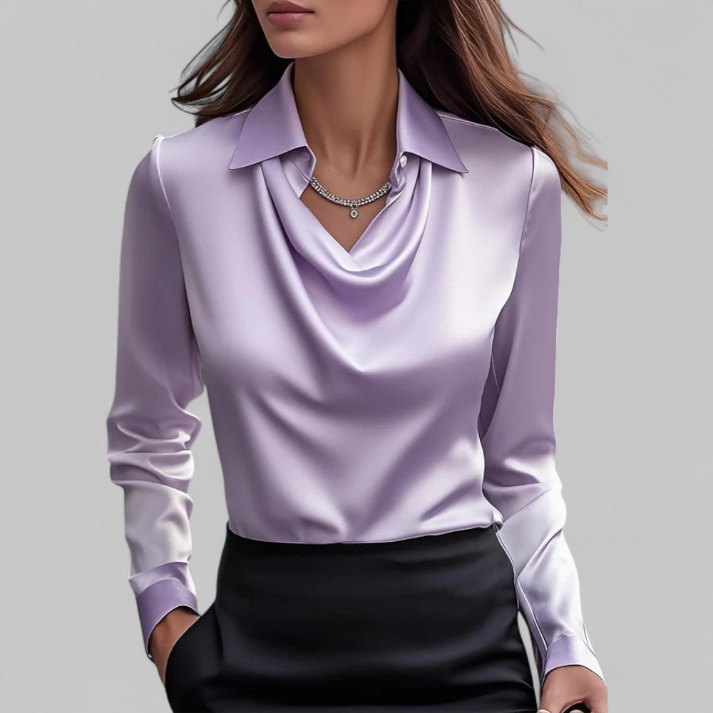 Rose | Women’s Draped Neck Long Sleeve Satin Blouses - photo 4