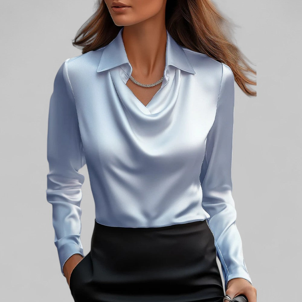 Rose | Women’s Draped Neck Long Sleeve Satin Blouses - photo 7