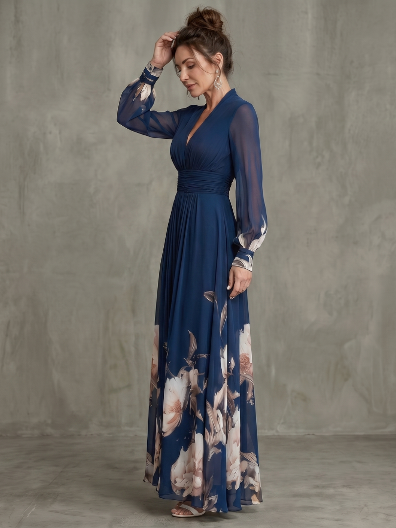 Ziva - Women's Pleated Maxi Dress with Sheer Sleeves - photo 2