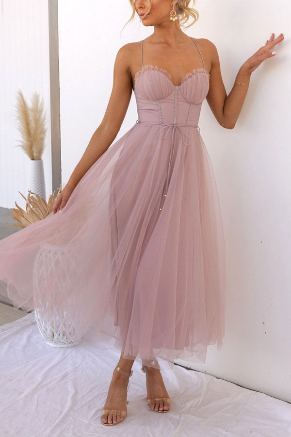 Women's Tulle Midi Dress with Spaghetti Straps