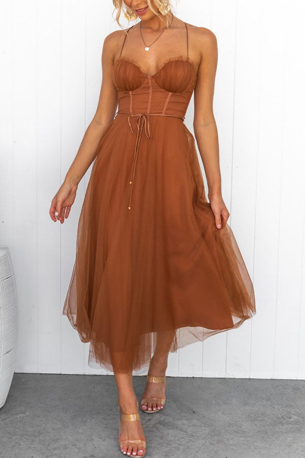 Women's Tulle Midi Dress with Spaghetti Straps