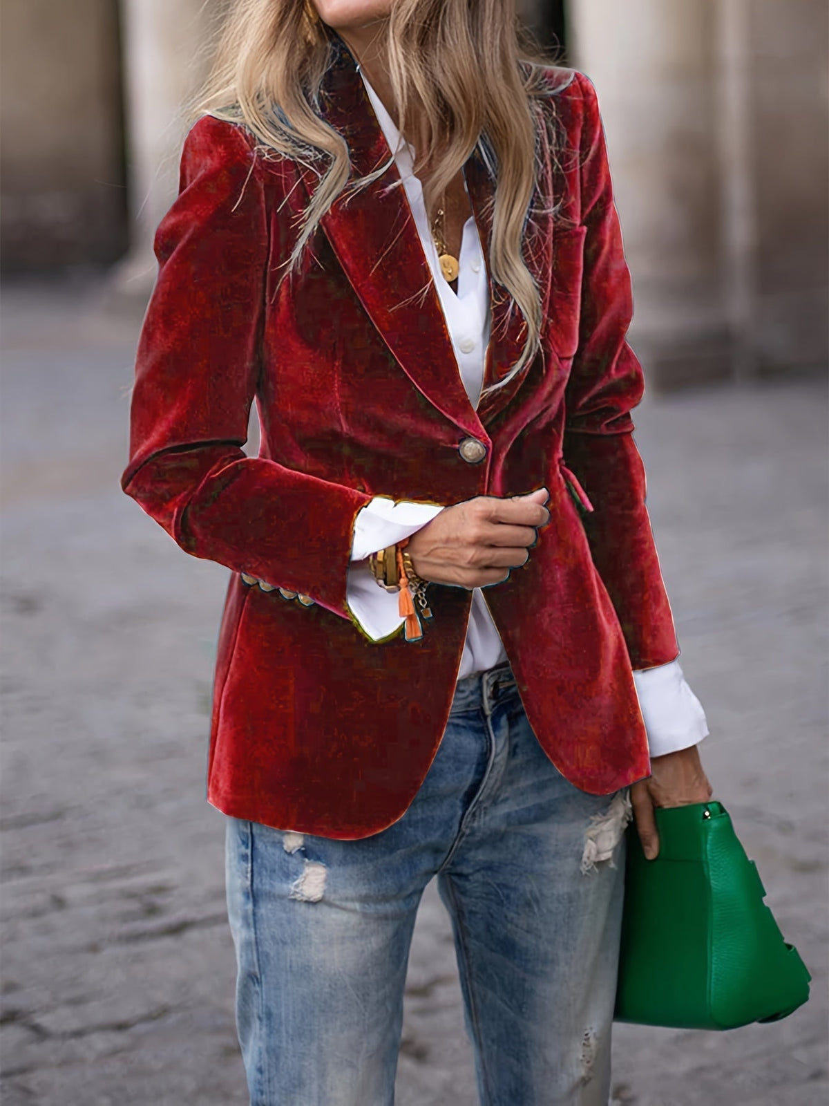 Women's Luxe Velvet Blazer with Gold Buttons and Modern Finish - photo 1