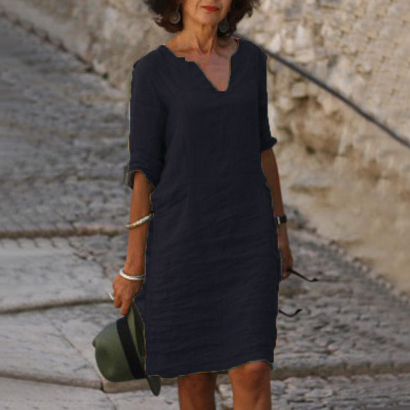 Women's Relaxed Fit Casual V-Neck Linen-Style Midi Dress for Summer - photo 4