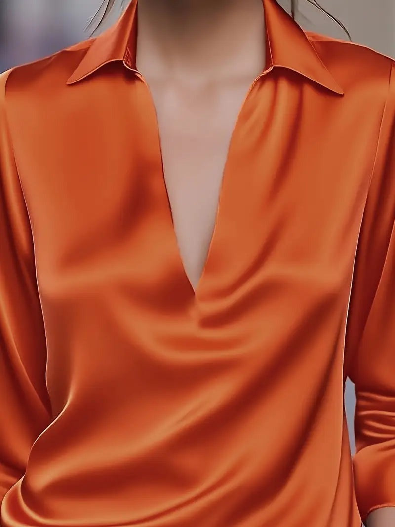 Women's V Neck Blouse with Satin Finish and Flowing Drape - photo 24