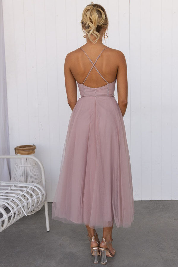 Women's Tulle Midi Dress with Spaghetti Straps