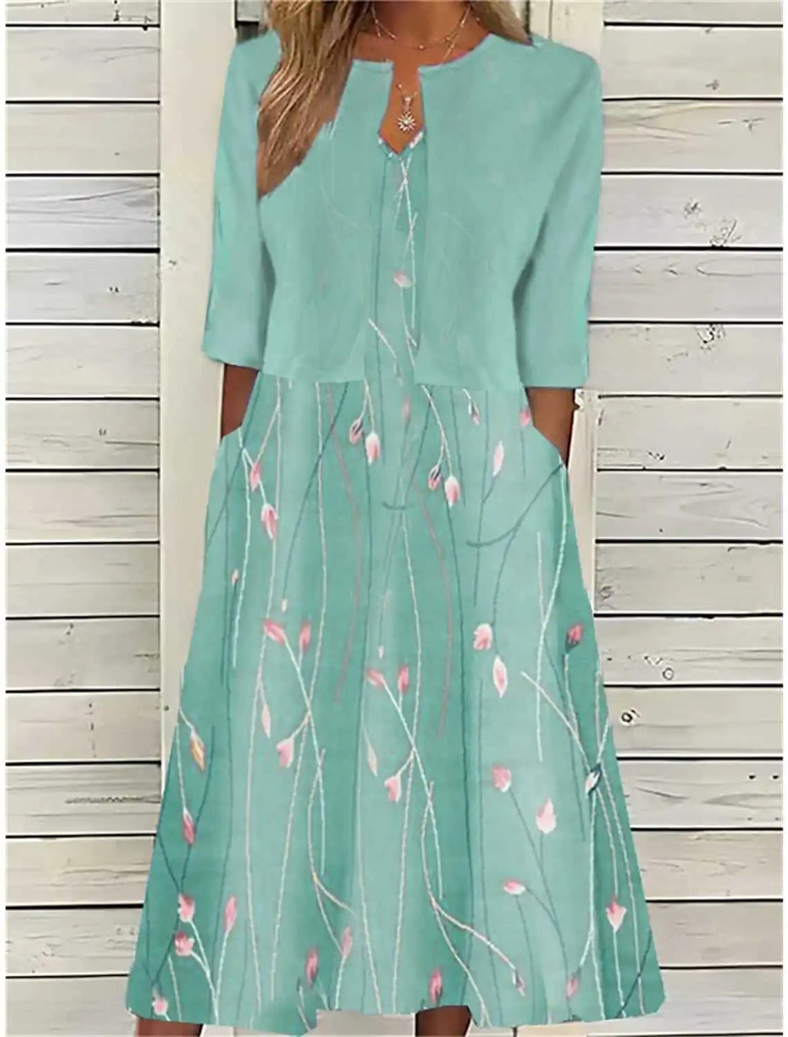 Mia - Women's Floral Cotton Blend Midi Dress with Pockets - photo 1