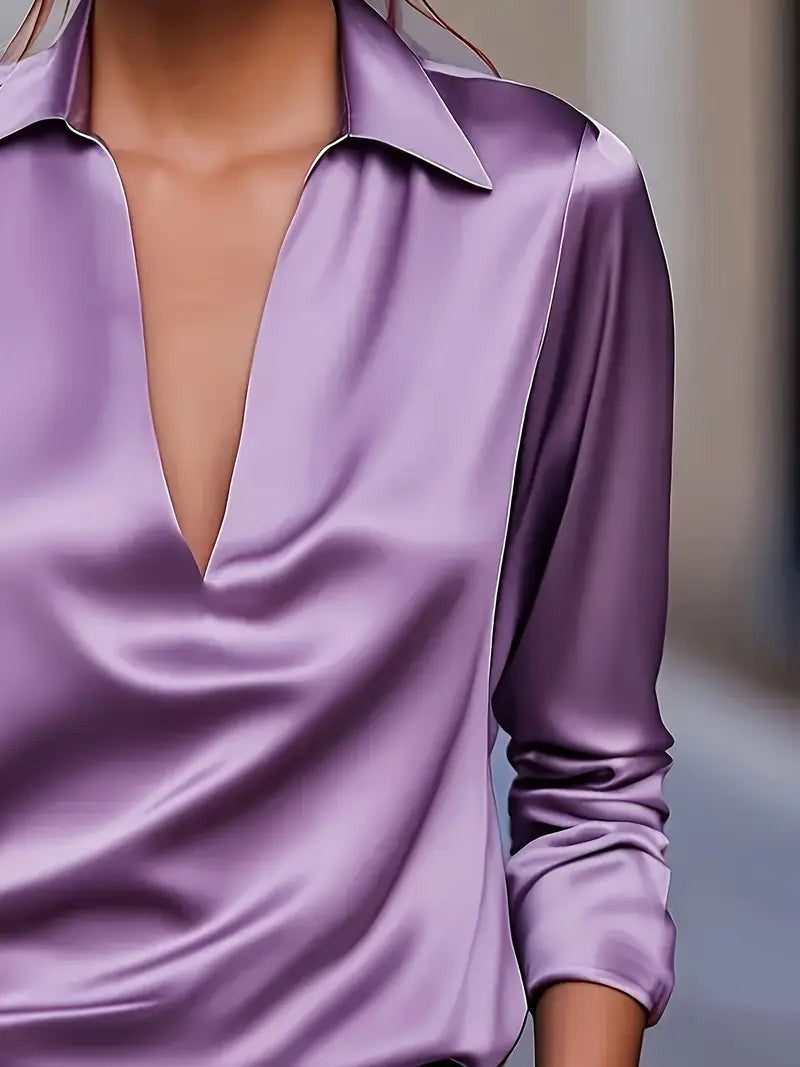 Women's V Neck Blouse with Satin Finish and Flowing Drape - photo 29