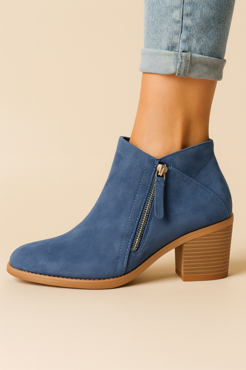 Zaira - Women's Suede Ankle Boots with Side Zip and Block Heel