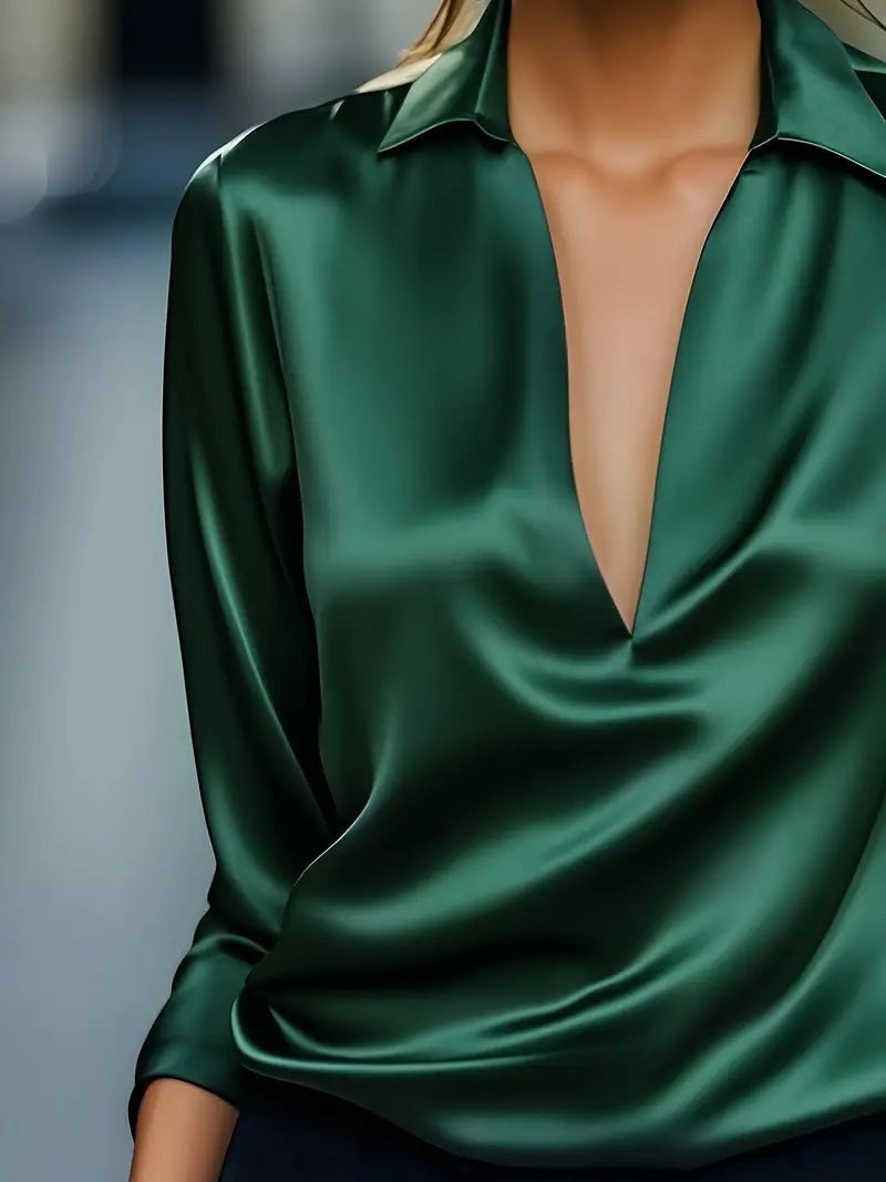 Women's V Neck Blouse with Satin Finish and Flowing Drape - photo 21