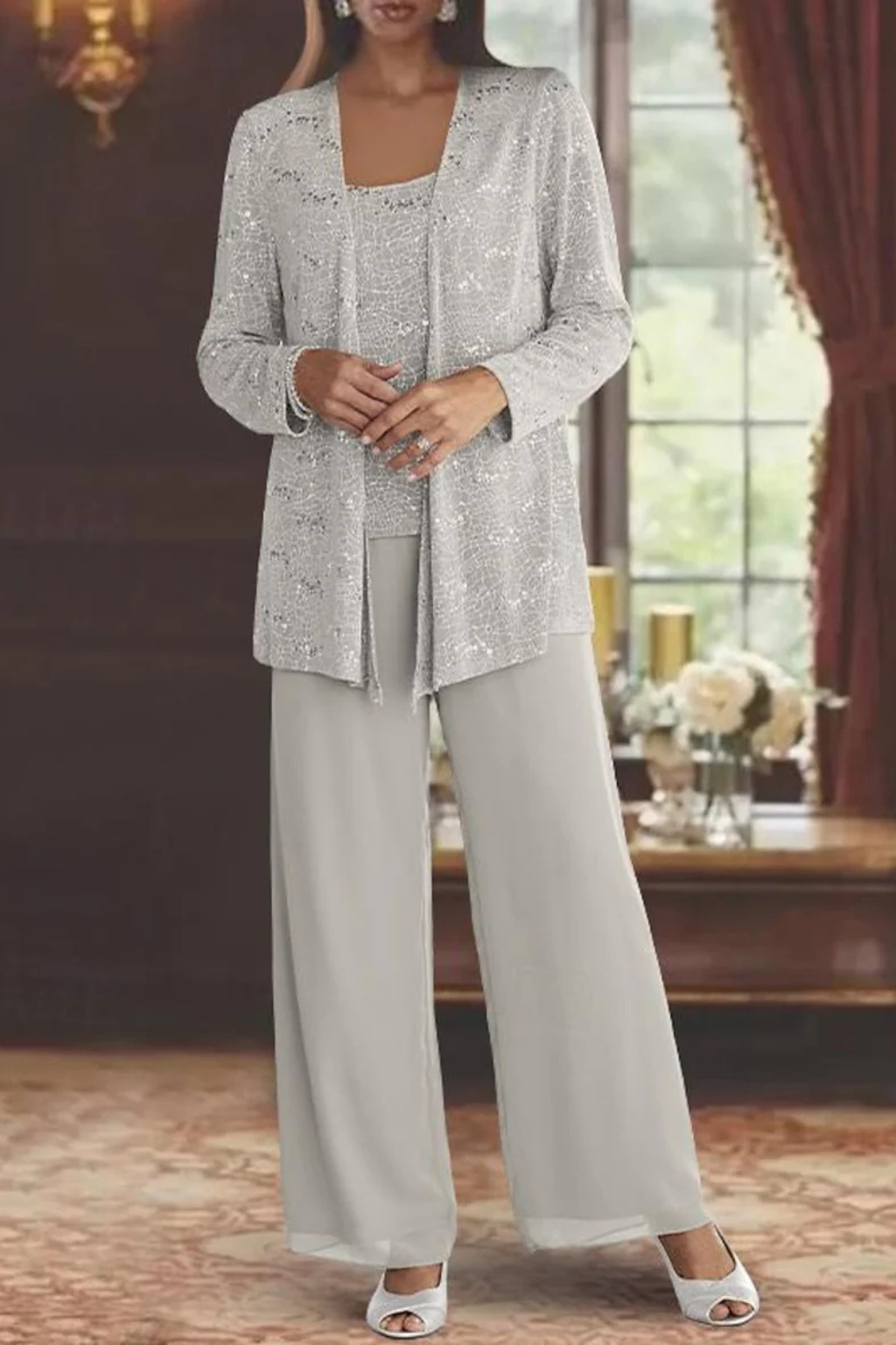 Women's Sequin Lace Three Piece Trouser Suit Wide Leg - photo 2