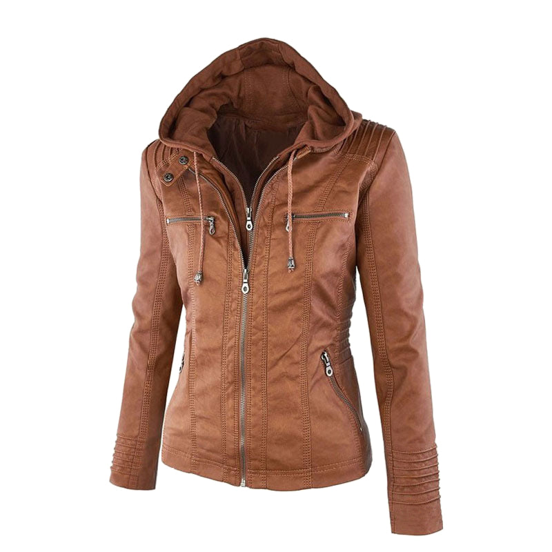 Women's Leather Moto Jacket with Hood - photo 13