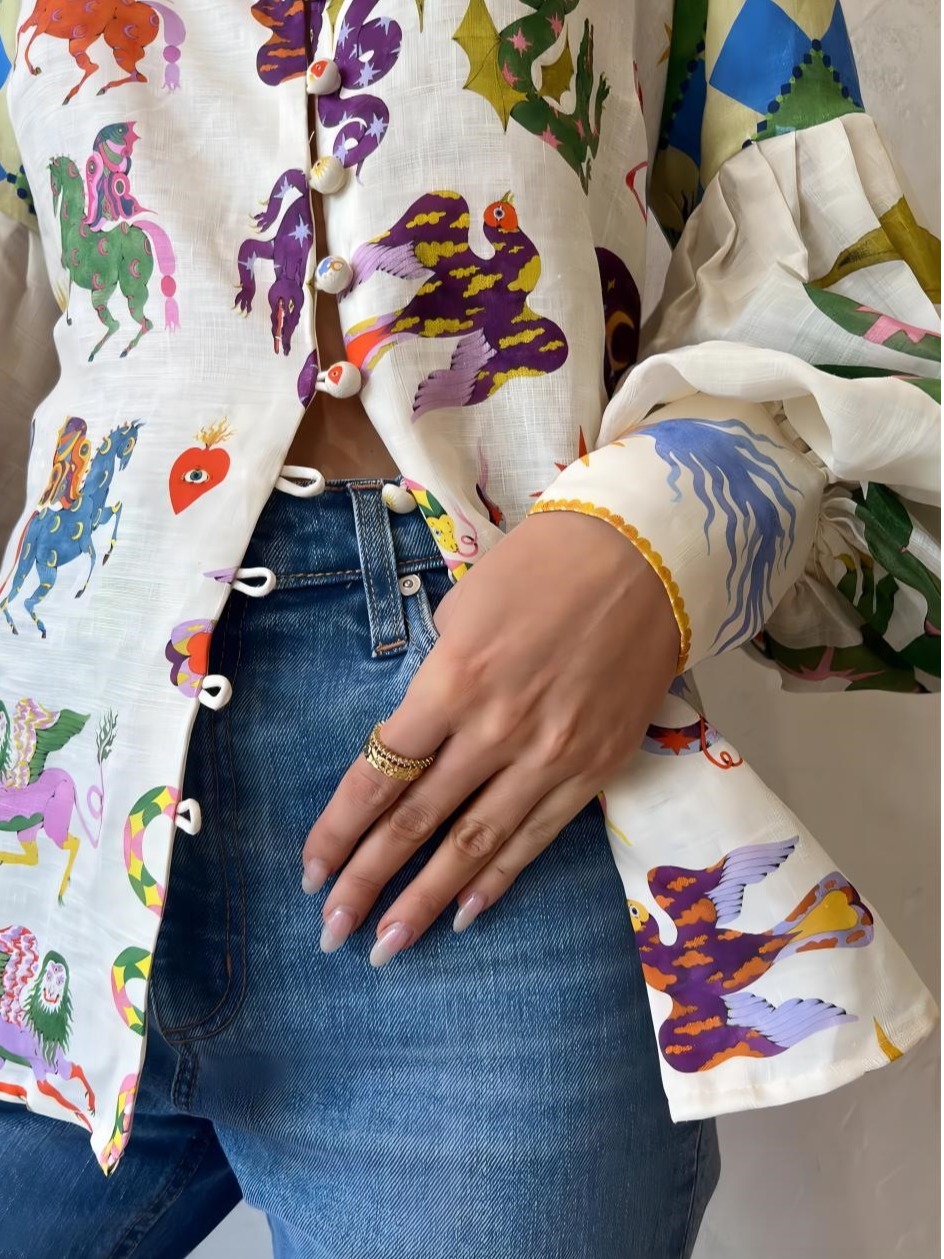 Eirlys - Women's Art Print Blouse with Balloon Sleeves