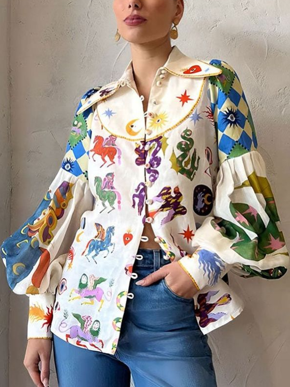 Eirlys - Women's Art Print Blouse with Balloon Sleeves