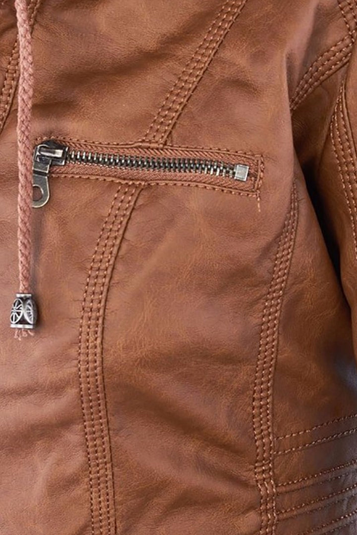 Women's Zip Up Hooded Jacket with Sleek Leather Look Finish - photo 7