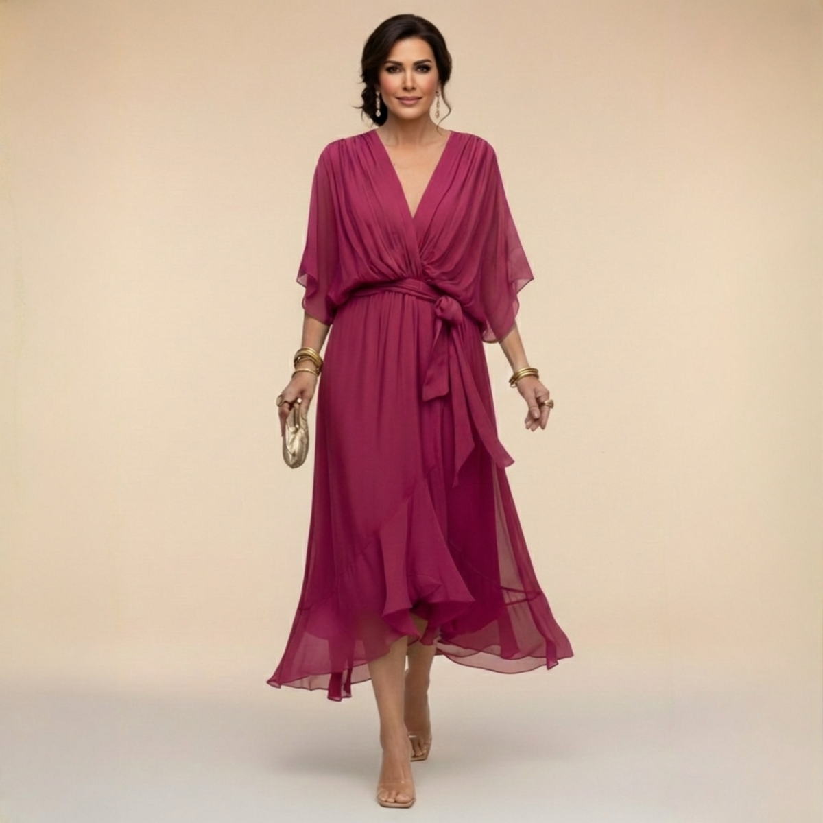 Donna - Women's Chiffon Wedding Guest Midi Dress with Tie Waist - photo 4