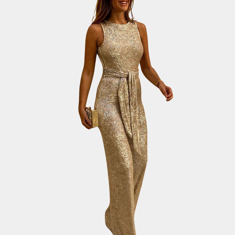Monica - Women's Glitter Party Jumpsuit - Gold