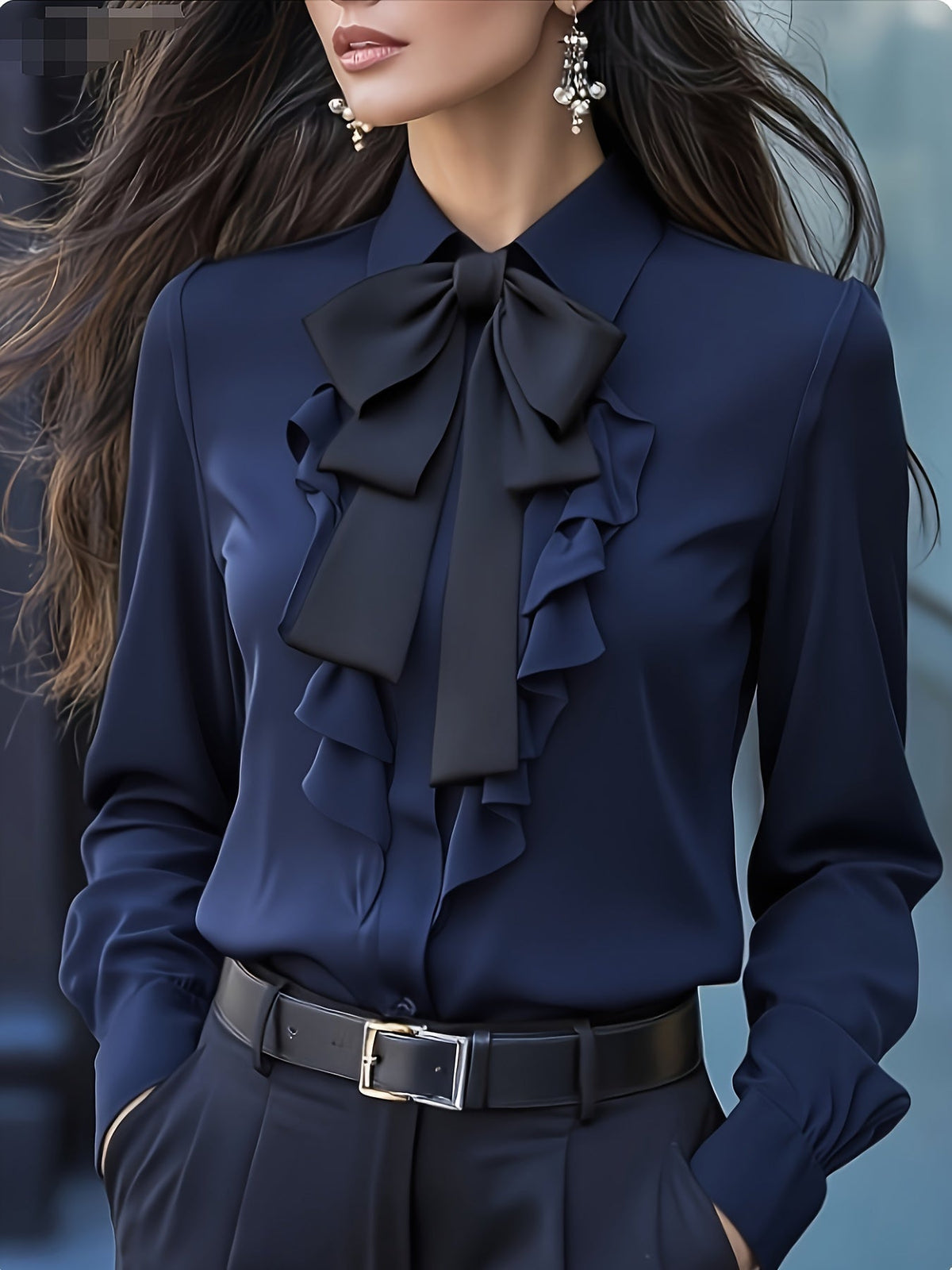 Elsie - Women's Ruffle Blouse with Tie Neck