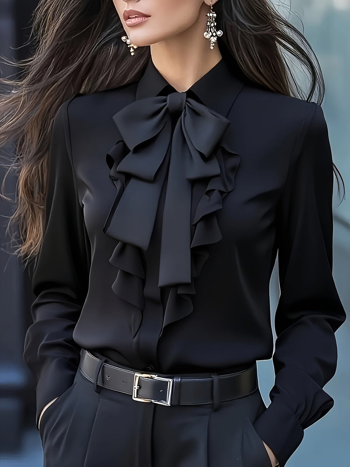Elsie - Women's Ruffle Blouse with Tie Neck