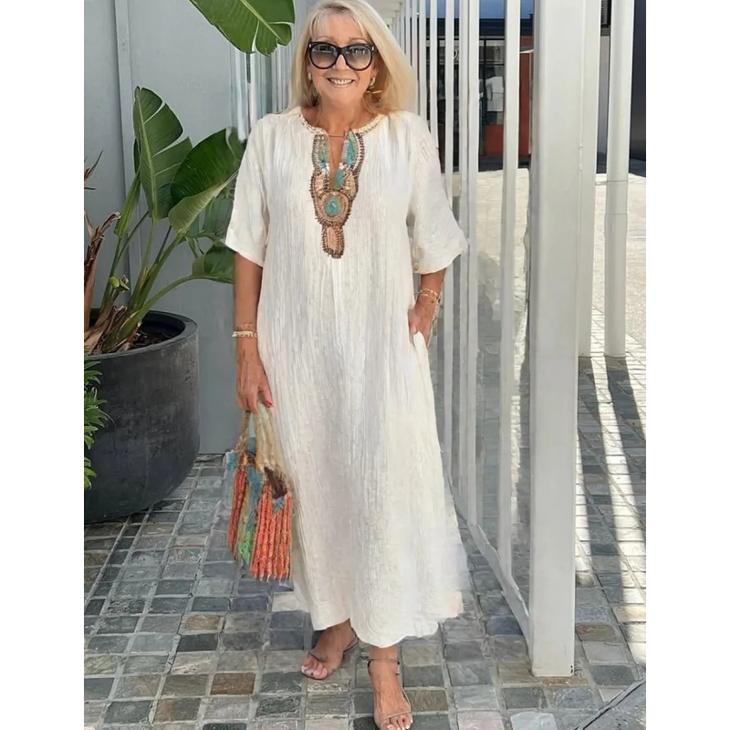 Women's Embellished Bohemian Maxi Dress with Decorative Neckline - photo 1