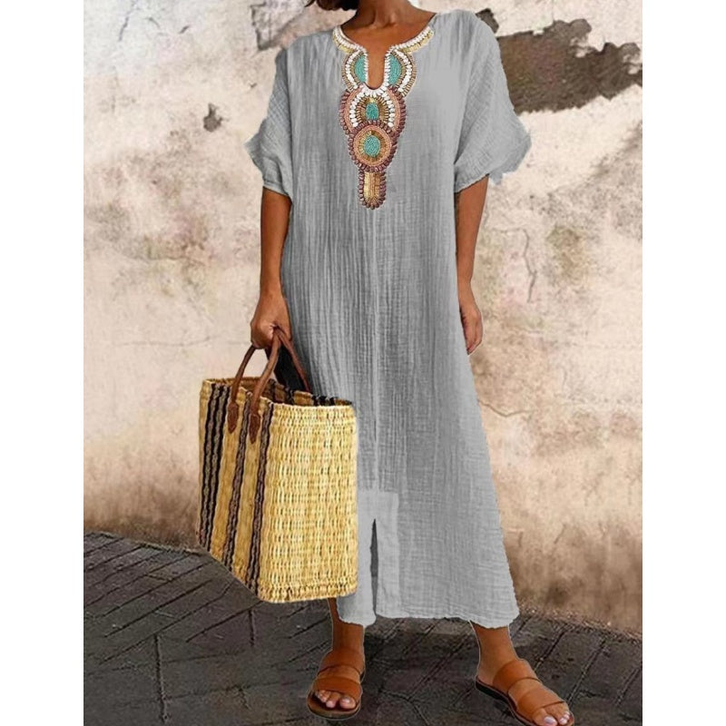 Women's Embellished Bohemian Maxi Dress with Decorative Neckline - photo 2