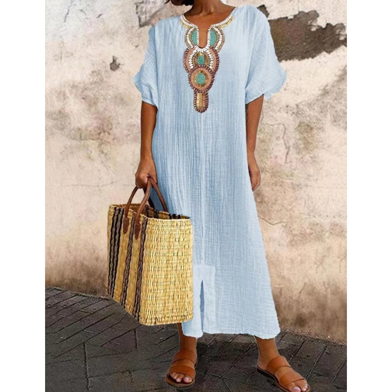 Women's Embellished Bohemian Maxi Dress with Decorative Neckline - photo 3