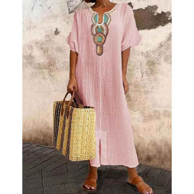 Women's Embellished Bohemian Maxi Dress with Decorative Neckline - photo 4