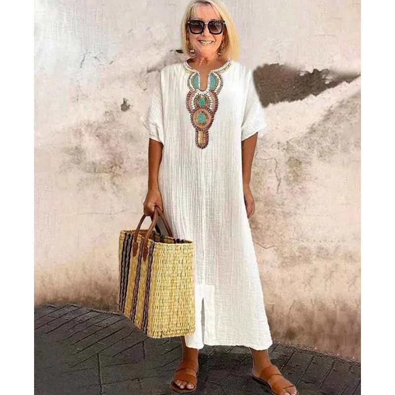 Women's Embellished Bohemian Maxi Dress with Decorative Neckline - photo 6