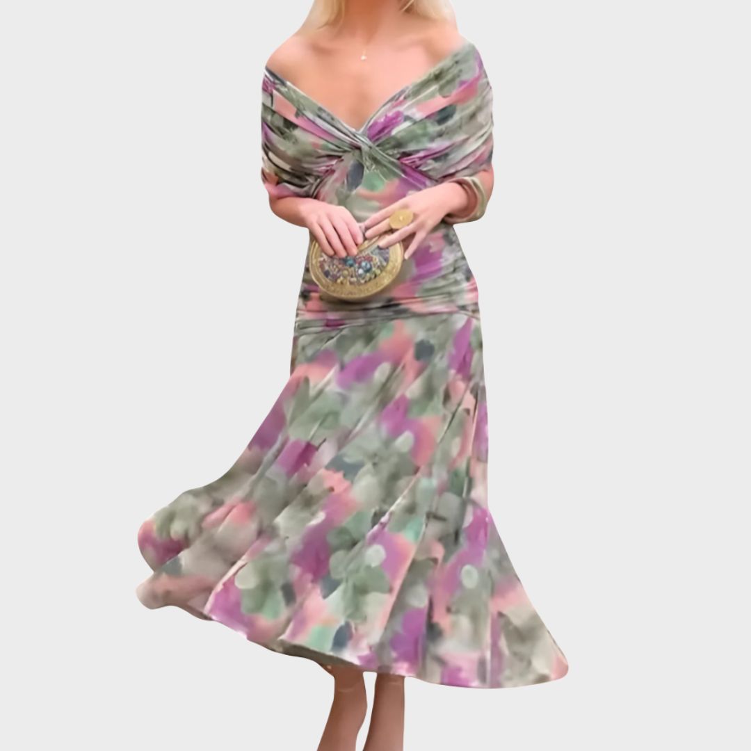 Women's Off-Shoulder Ruched Floral Midi Dress - photo 8