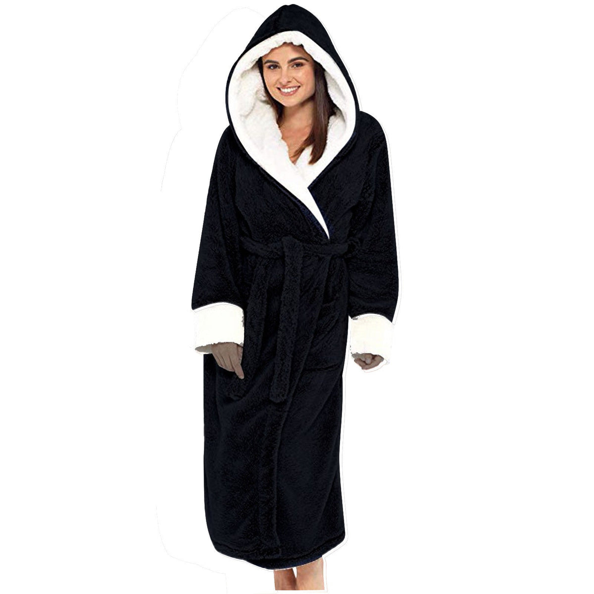 Women's Fleece Hooded Bathrobe with Tie Belt