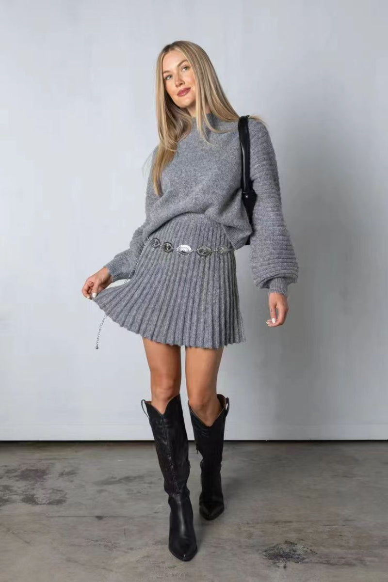 Merel - Women's Knit Set with Long-Sleeve Top and Mini Skirt