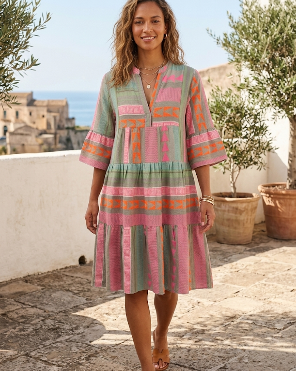 Women's Printed V-Neck Tiered Midi Dress Boho Style - photo 1