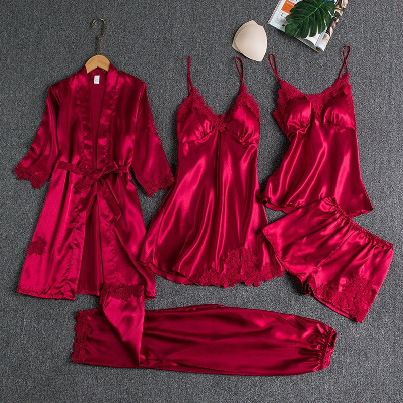 Women's Elegant Five-Piece Lace Trim Pajama Set - photo 2