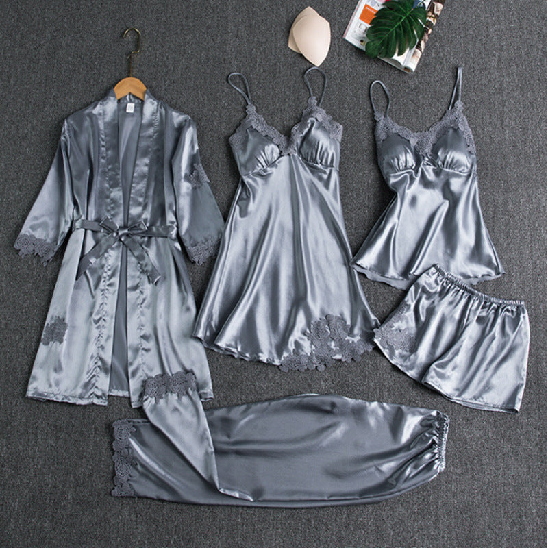 Women's Elegant Five-Piece Lace Trim Pajama Set - photo 5