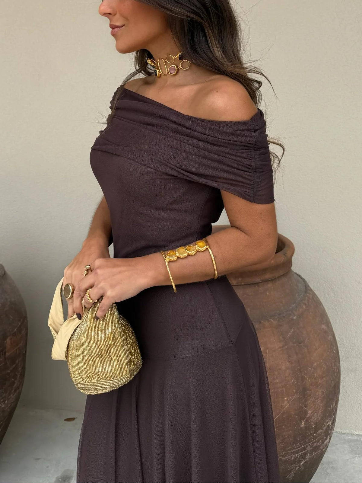 Maxi Wedding Guest Dress with Mesh Overlay - photo 8