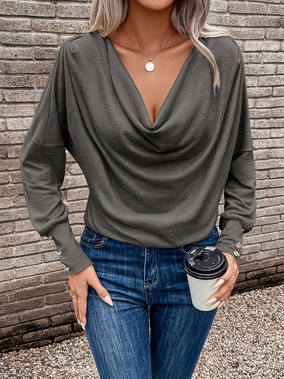 Selena - Women's Cowl Neck Top with Long Sleeves